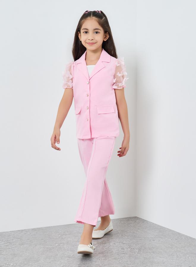 ستايلي طقم 3 قطع معطف وتانك بلوزة وبنطال بتطريز فراشة بارز - Image 3